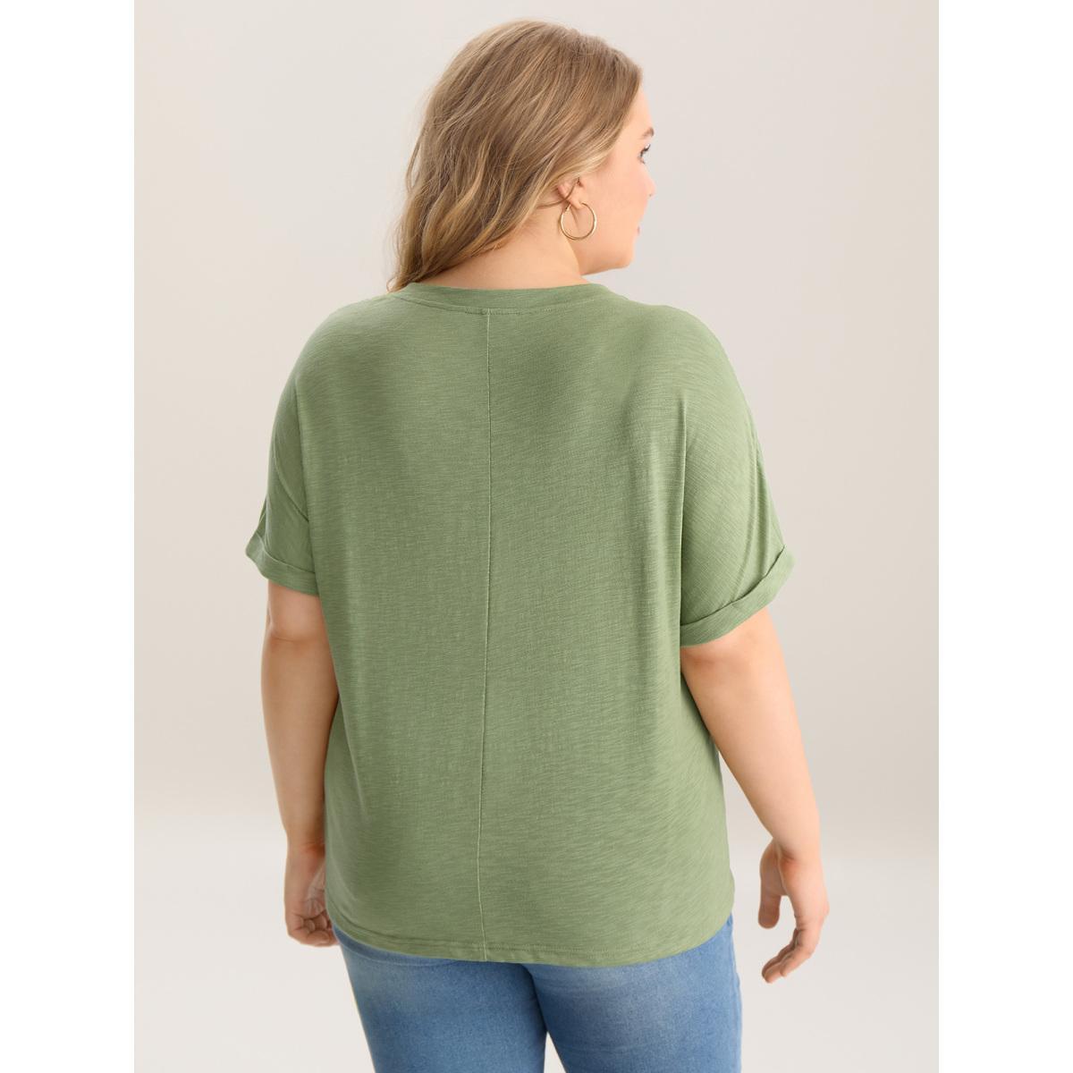 Plus Size Bamboo Fabric Lace Trim Flowy T-Shirt Greenbean Women Woven ribbon&lace trim V-neck Casual T-shirts BloomChic 22-24/3X Product Image