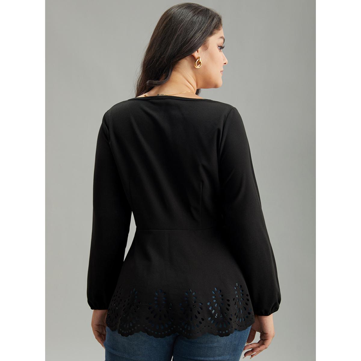 Plus Size Black Plain Laser Cut Button Detail Blouse Women Elegant Long Sleeve Square Neck Dailywear Blouses BloomChic 30/6X Product Image