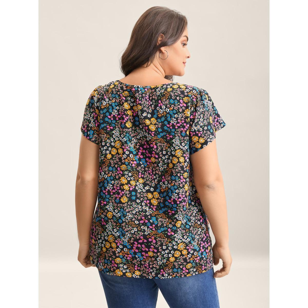 Plus Size Black Multi-Color Floral Print Lace Spliced Blouse Women Timeless Cap Sleeve Round Neck Elegant Blouses BloomChic 14-16/1X Product Image