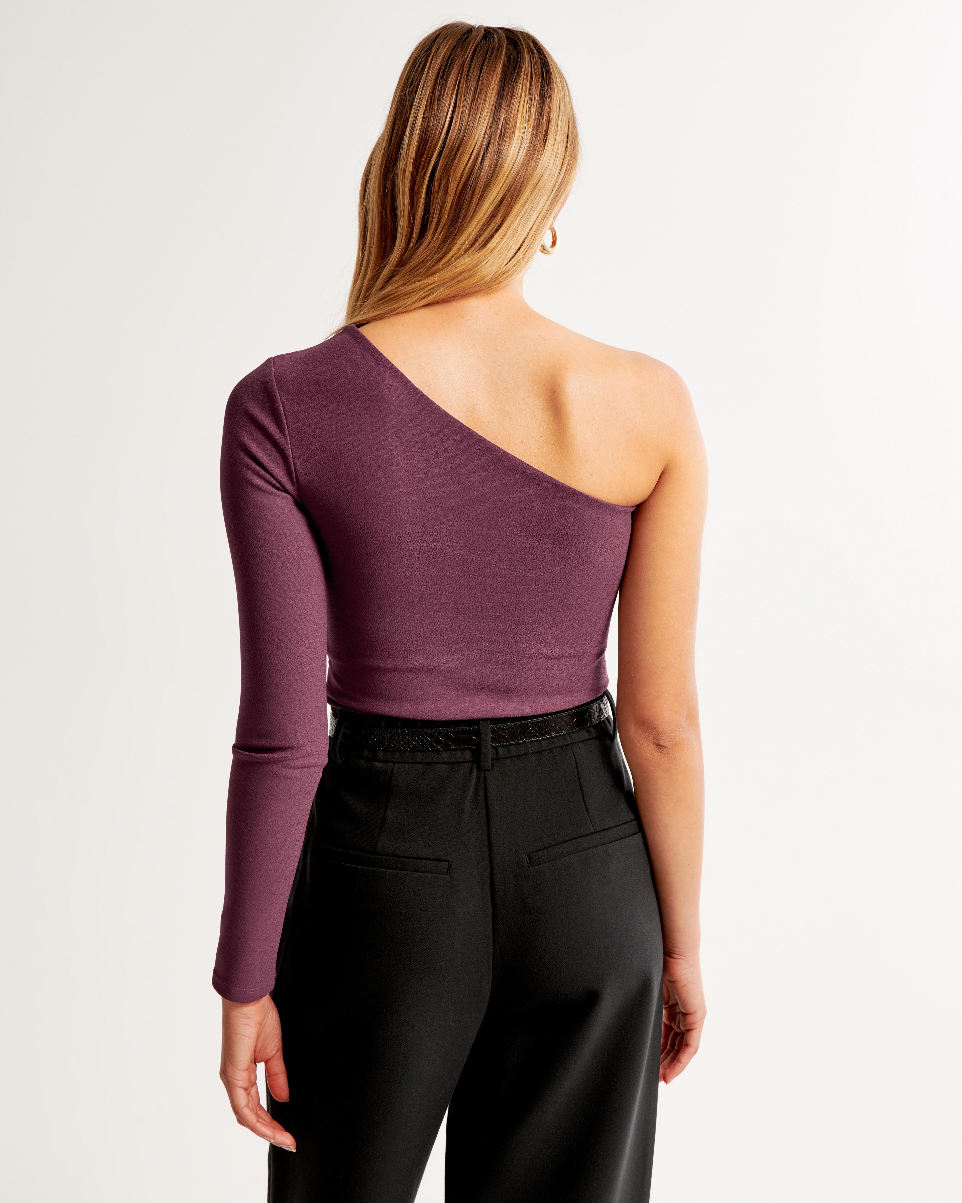 Long-Sleeve Crepe Asymmetrical One-Shoulder Bodysuit Product Image