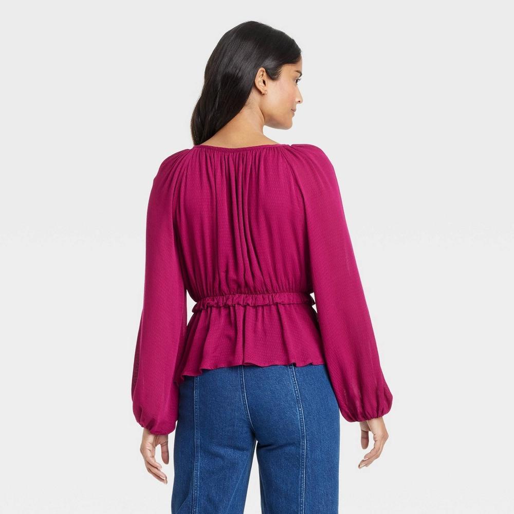 Womens Long Sleeve Tie-Front Peplum Blouse - Universal Thread Maroon XS Product Image