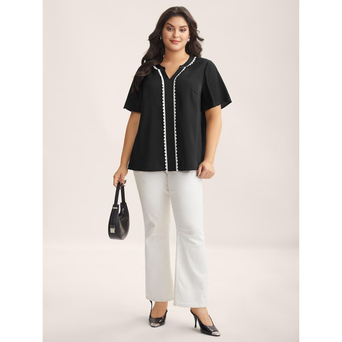 Plus Size Black Lace Trim Notched Collar Solid Blouse Women Short sleeve Notched collar Office Blouses BloomChic 12/L Product Image