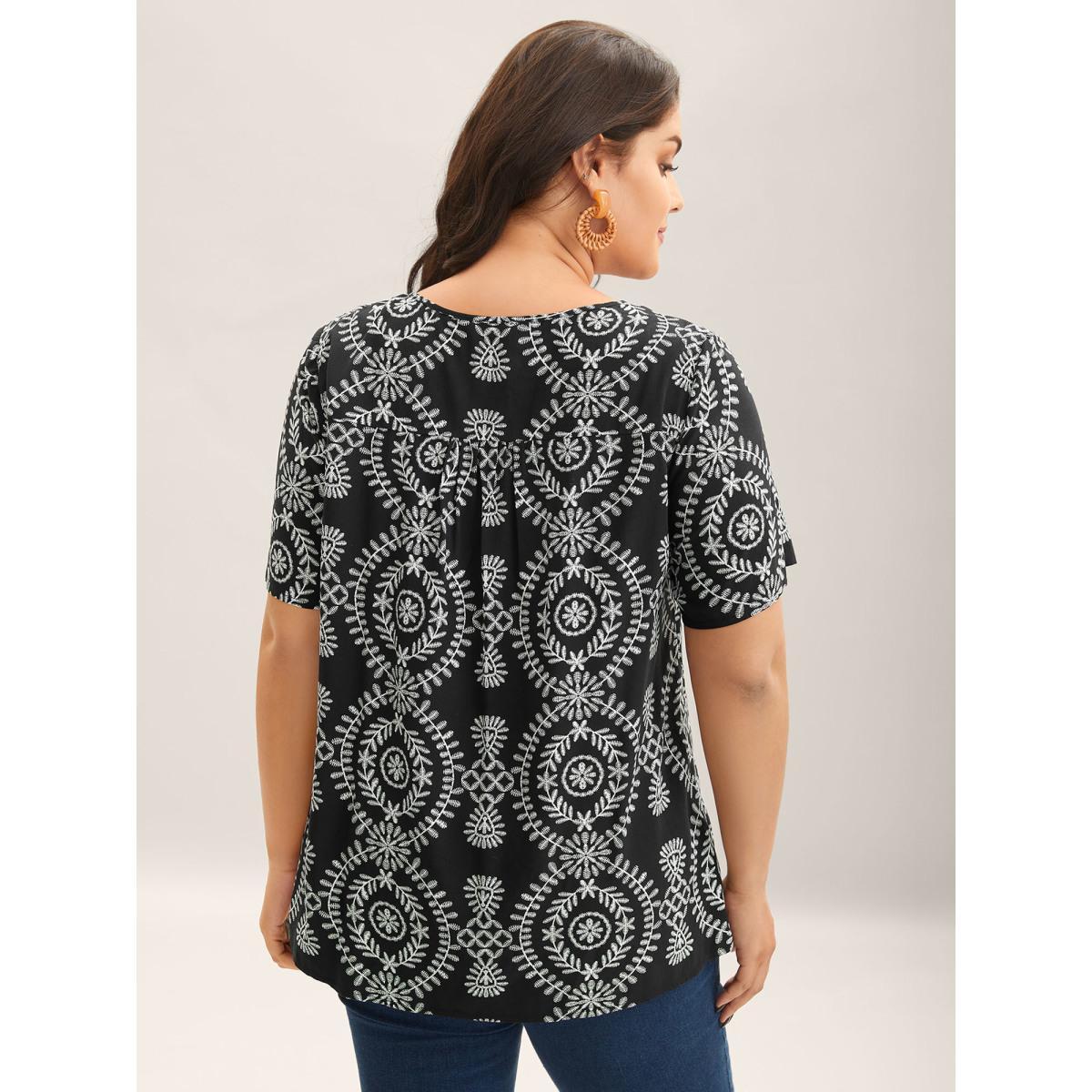 Plus Size Black Boho Print Button Placket Blouse Women Short sleeve V-neck Vacation Blouses BloomChic 14-16/1X Product Image