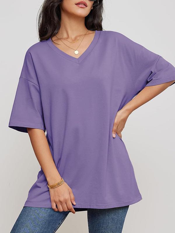 Short Sleeves Solid Color Split-Joint V-Neck T-Shirts Product Image