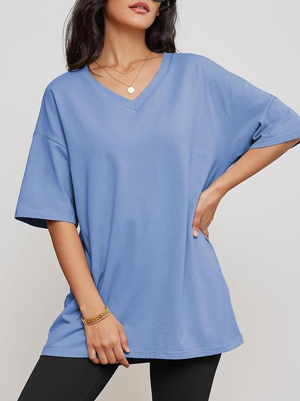 Short Sleeves Solid Color Split-Joint V-Neck T-Shirts Product Image