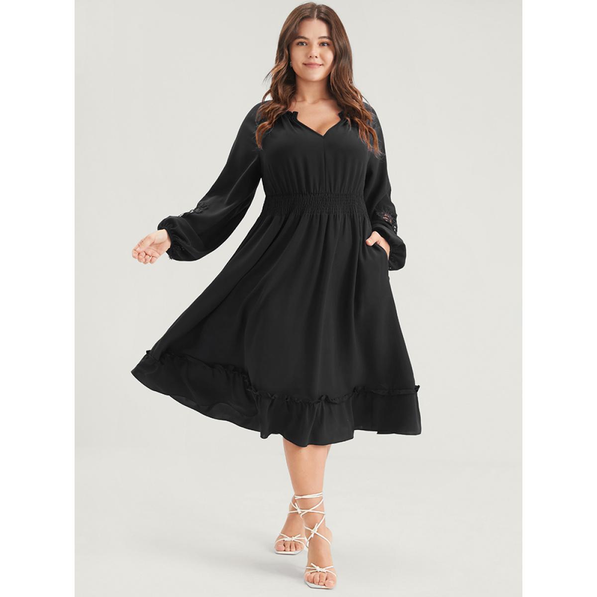 Plus Size Solid Pocket Crochet Lace Lantern Sleeve Ruffle Shirred Midi Dress Black Women Dating Plain V-neck Long Sleeve Curvy Midi Dress BloomChic 10/M Product Image