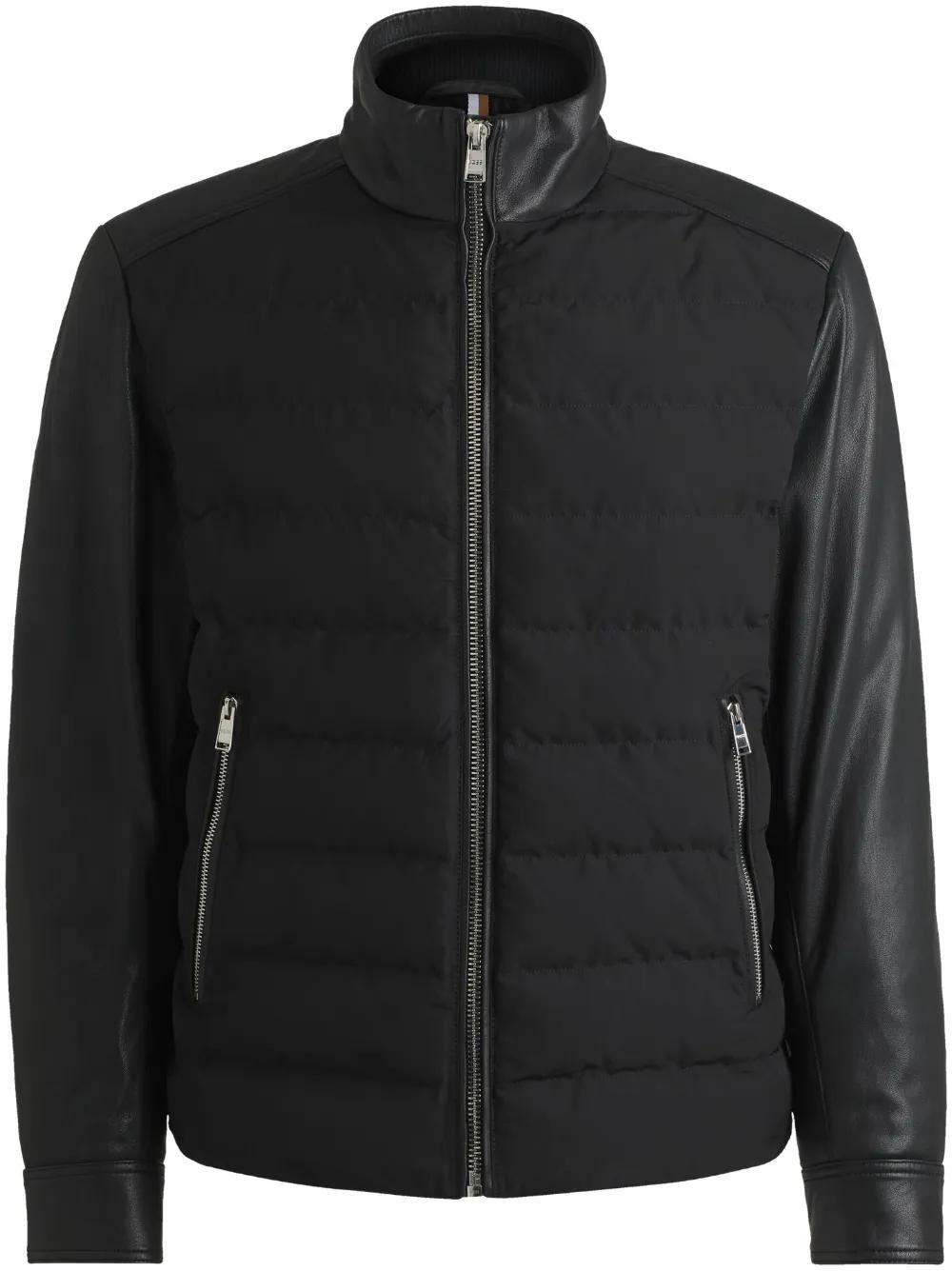 HUGO BOSS Mixed-material Regular-fit Jacket With Leather Sleeves In Black Product Image