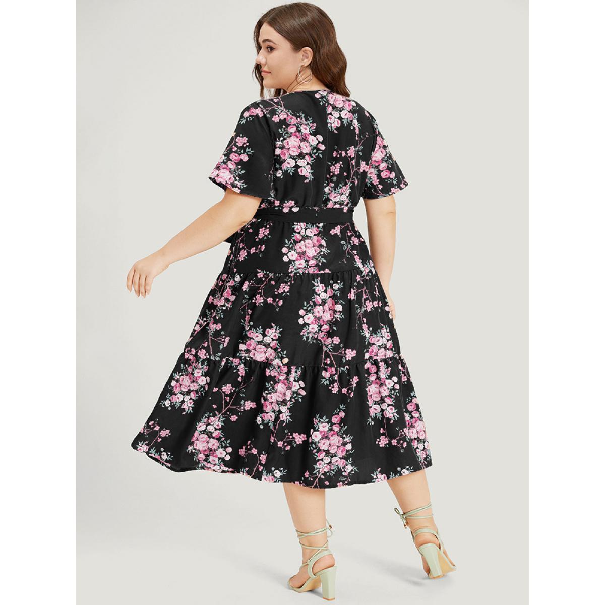 Plus Size Floral Print Wrap Belted Pocket Ruffle Hem Dress Black Women Elegant Lined V-neck Short sleeve Curvy Midi Dress BloomChic 12/L Product Image
