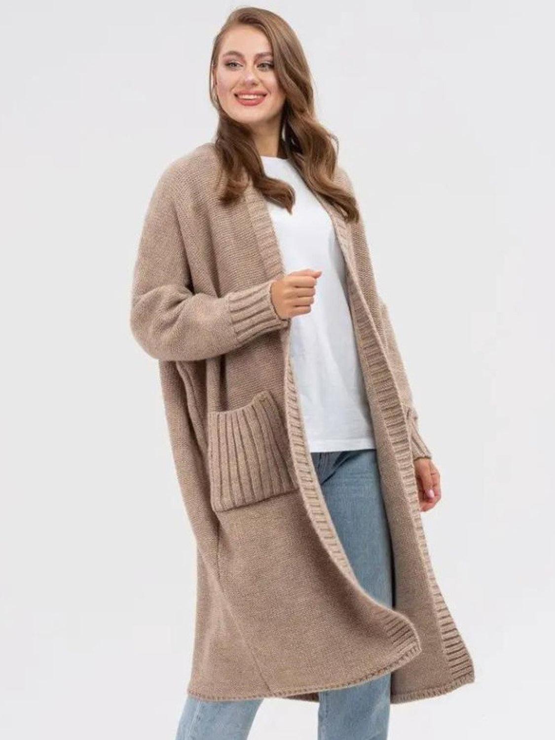 Pocketed Open Front Long Sleeve Longline Cardigan Product Image