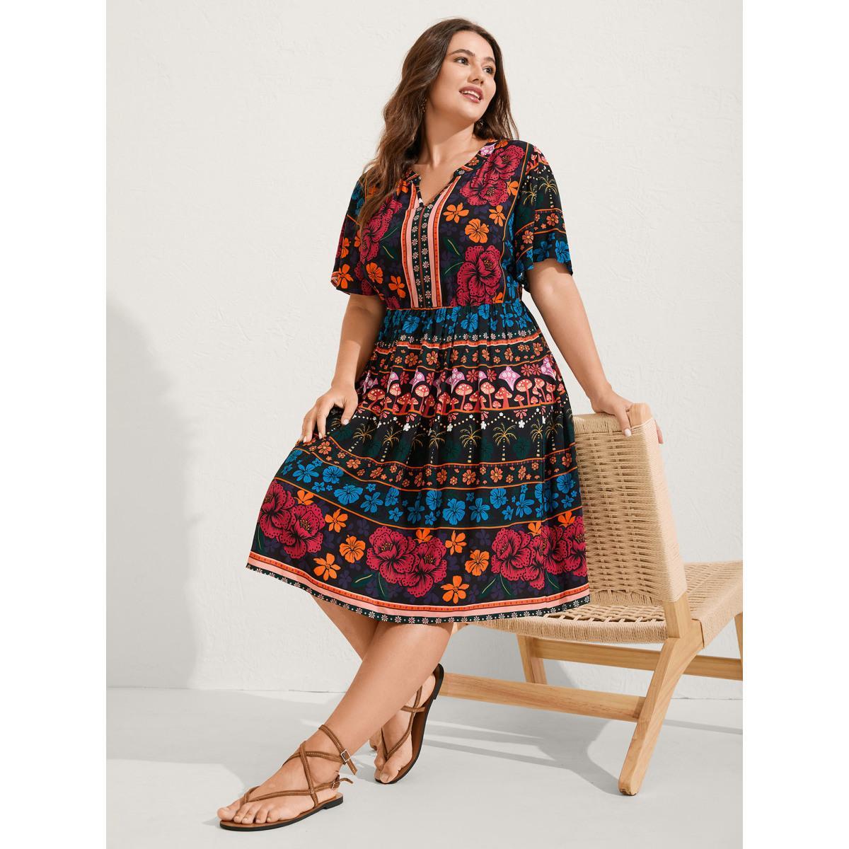 Plus Size Boho Floral Print Notched Collar Midi Dress Black Women Notched collar Short sleeve Curvy BloomChic 10/M Product Image