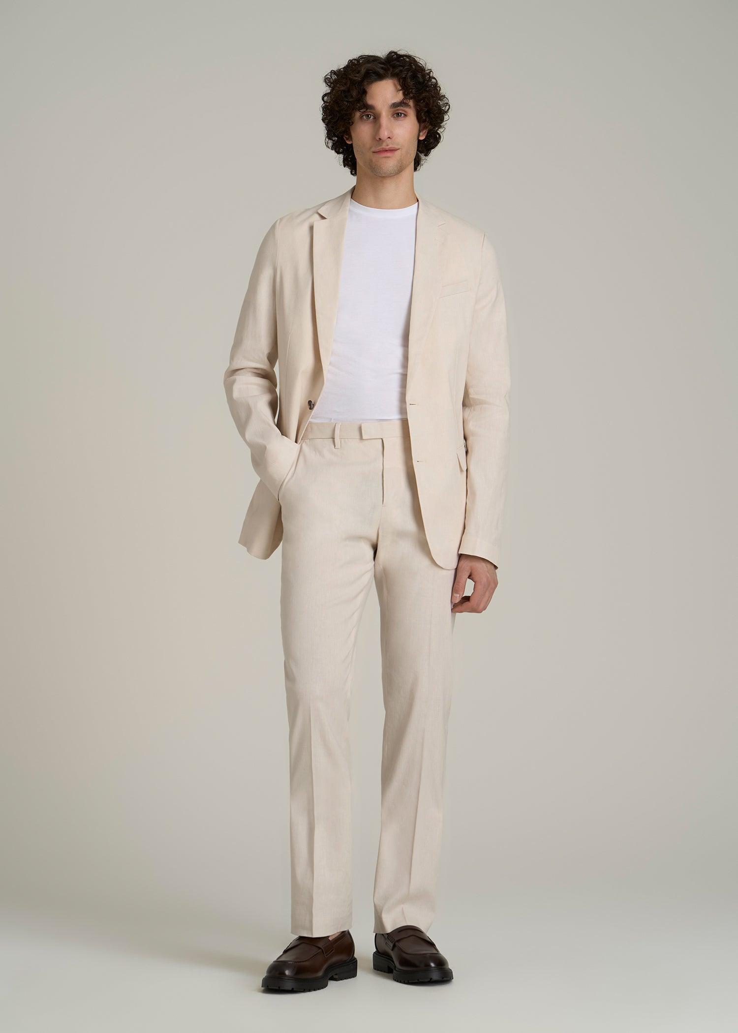 Stretch Linen Blazer for Tall Men in Light Beige Linen Male Product Image