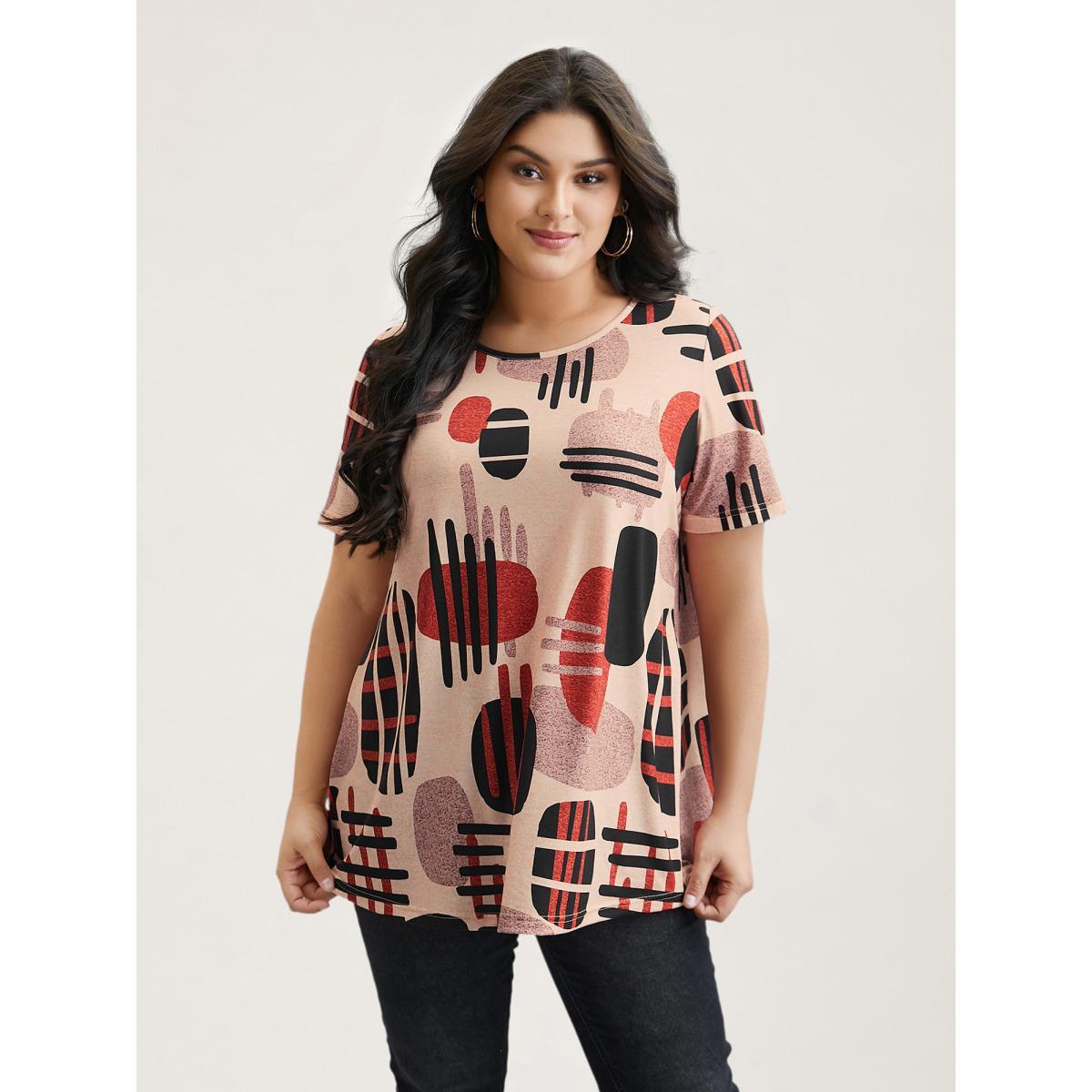 Plus Size Geometric Print Round Neck Fitted T-Shirt Multicolor Women Casual Contrast Round Neck Everyday T-shirts BloomChic 30/6X Product Image