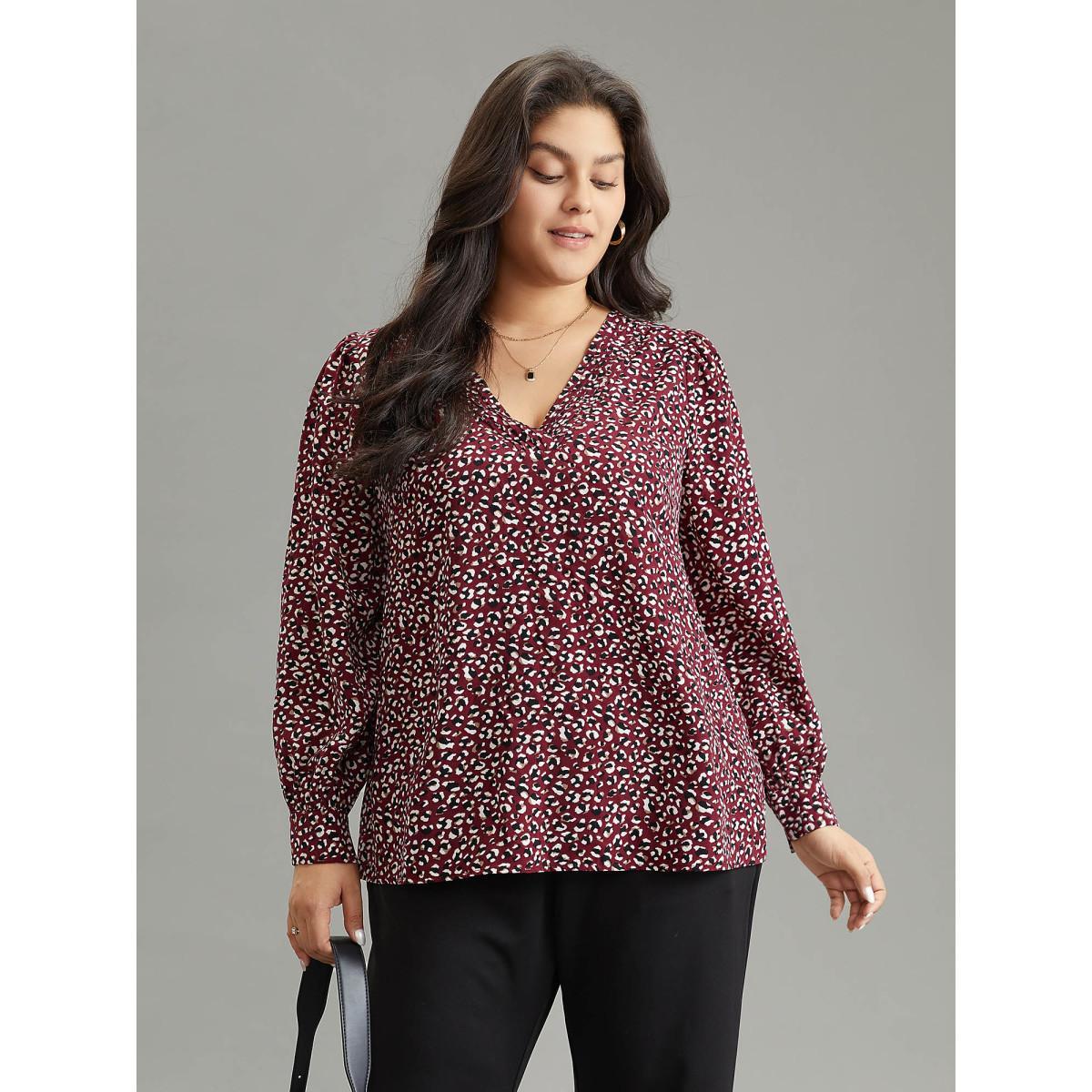 Plus Size Burgundy Allover Print V Neck Pleated Blouse Women Office Long Sleeve V-neck Office Blouses BloomChic 12/L Product Image