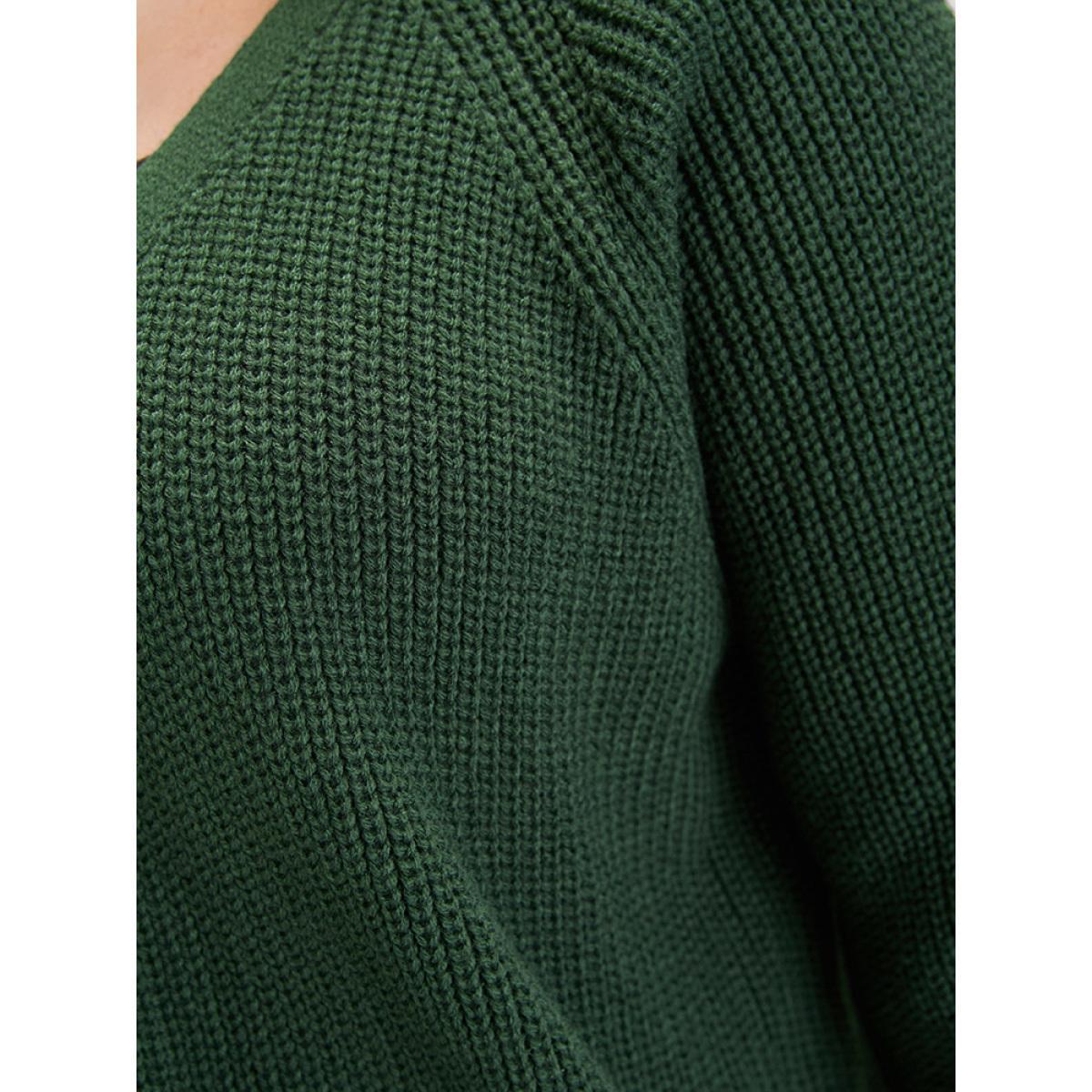 Plus Size Solid Pointelle Knit Raglan Sleeve Button Front Cardigan DarkGreen Women Elegant Loose Long Sleeve Dailywear Cardigans BloomChic 28/5X Product Image