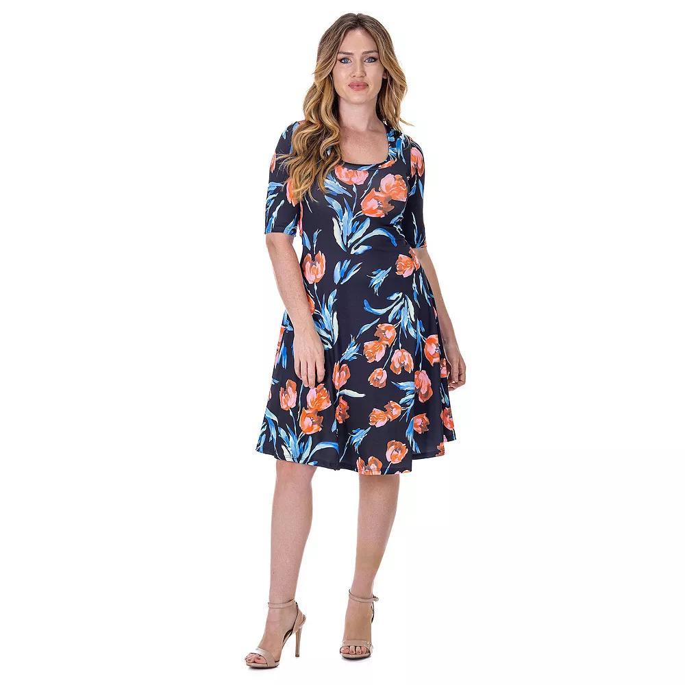 Women's 24Seven Comfort Apparel Floral Print Elbow Sleeve Knee Length Dress,  Product Image
