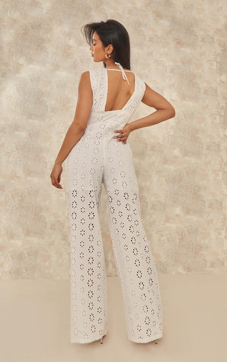 White Broderie Anglaise Tie Bust Sleeveless Jumpsuit Product Image