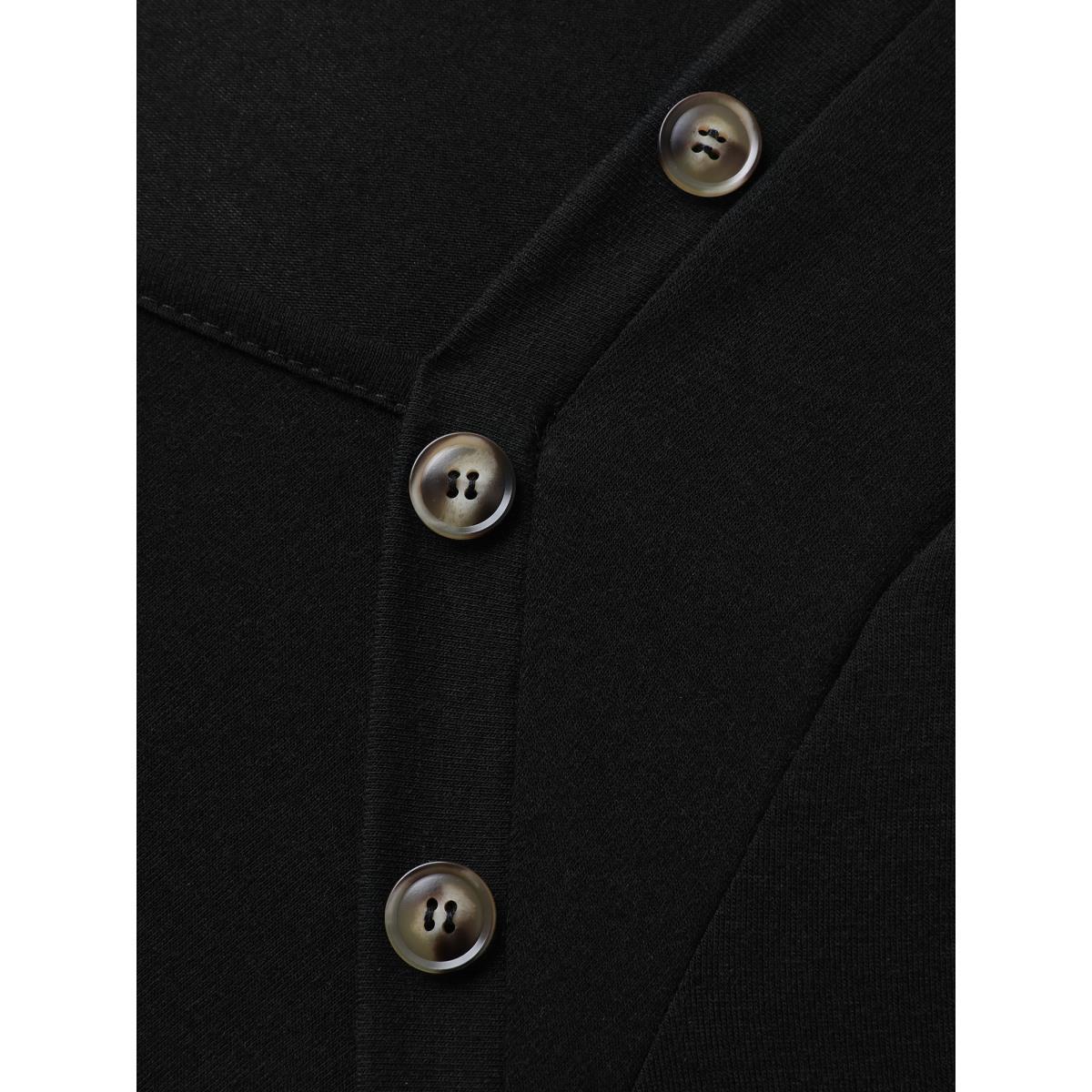 Plus Size Color Contrast Shoulder Button Sleeve Midi Dress Black Women Button Heart neckline Short sleeve Curvy BloomChic 12/L Product Image