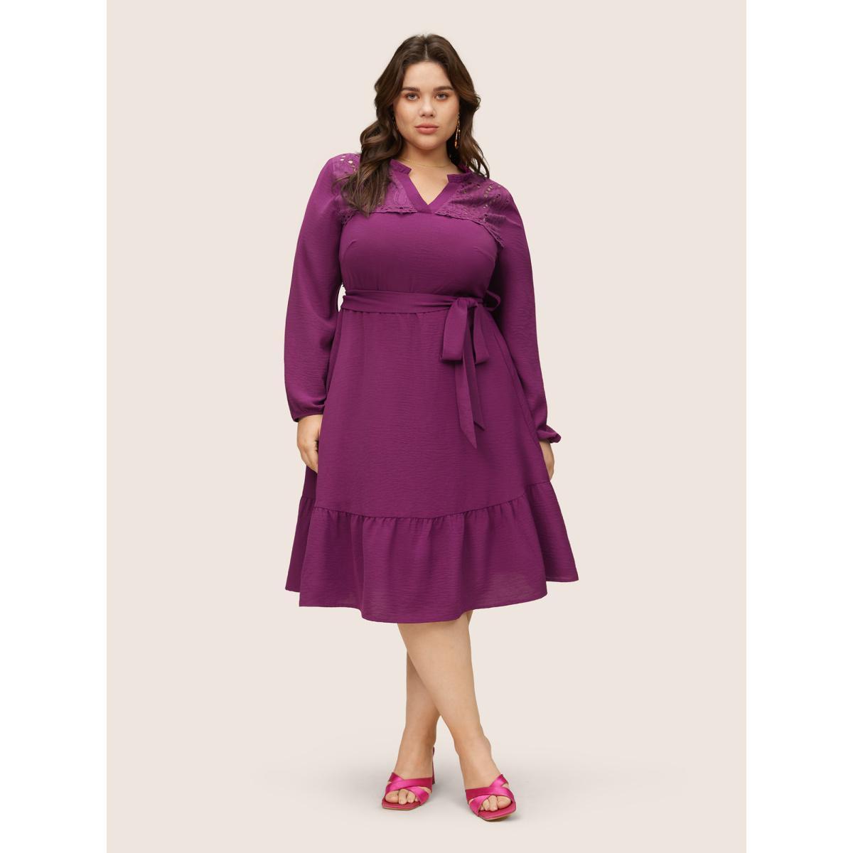 Plus Size Solid Lace Panel Cut Out Belted Gathered Dress Purple Women Elegant Non Notched collar Long Sleeve Curvy Knee Dress BloomChic 18-20/2X Product Image