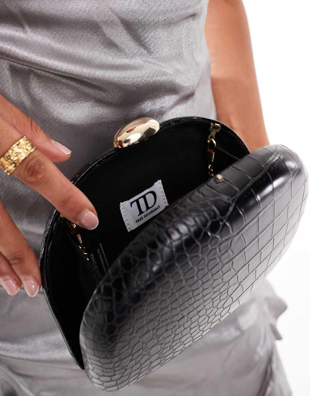 True Decadence faux croc box clutch in black Product Image