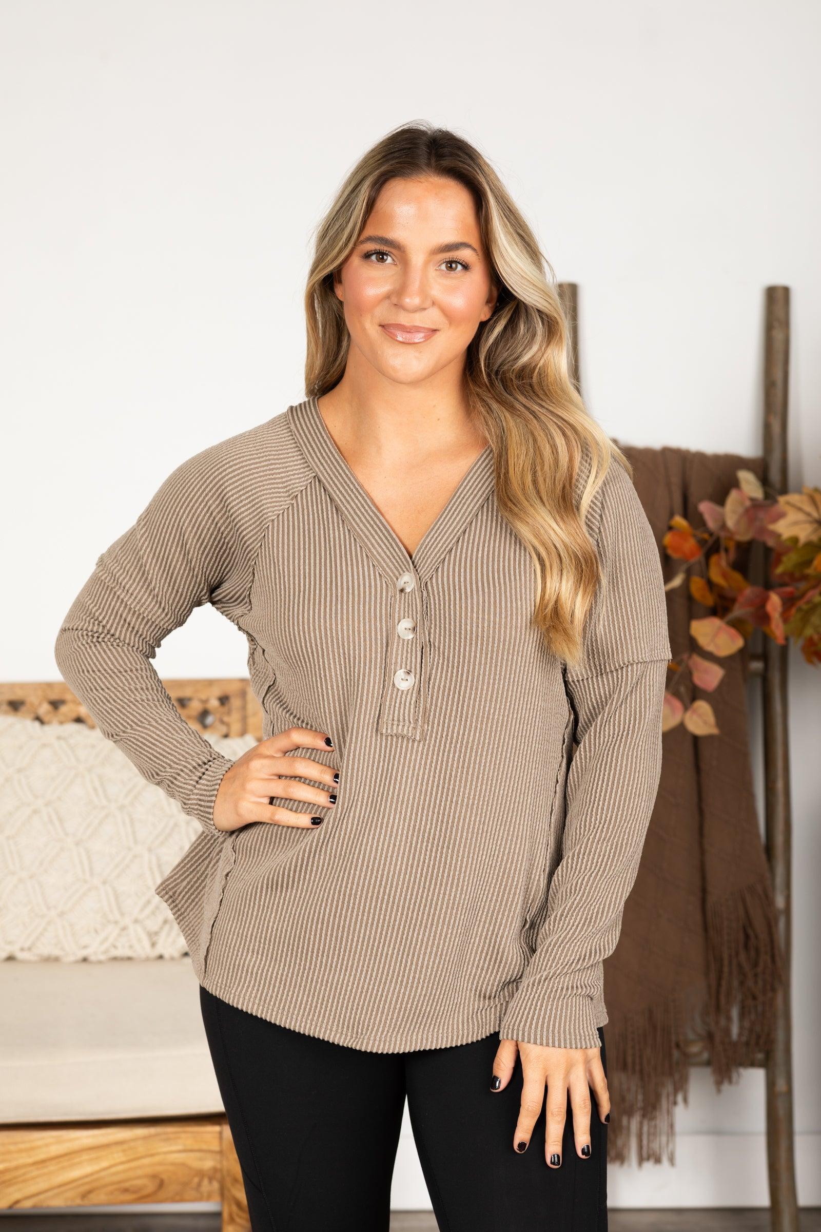 Raised Ribbed Button V-Neck Knit Top Product Image