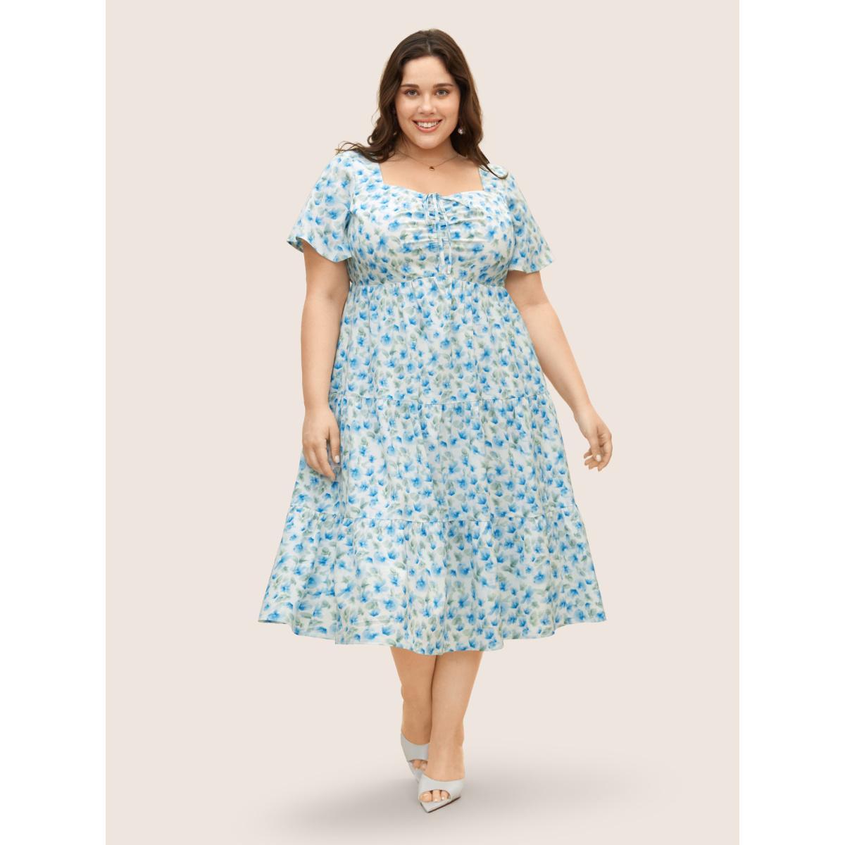Plus Size Watercolor Floral Drawstring Ruffle Sleeve Midi Dress Skyblue Women Elegant Drawstring Square Neck Short sleeve Curvy BloomChic 26/4X Product Image
