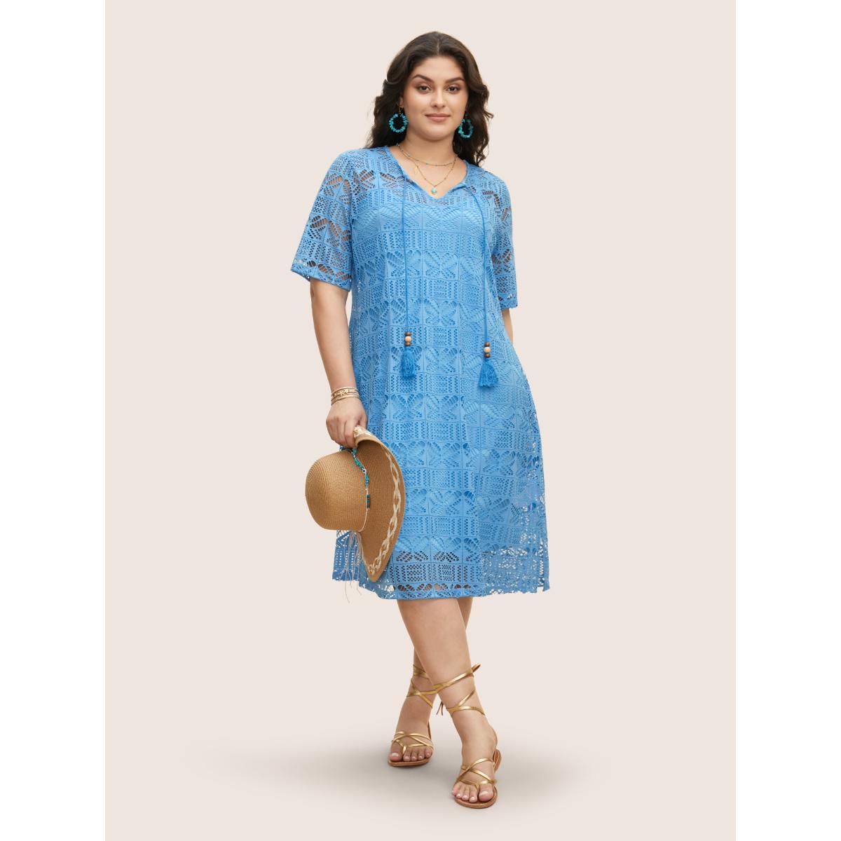 Plus Size Cut Out Tassel Trim Split Hem Midi Dress Skyblue Women Resort Flat collar with V-notch Half Sleeve Curvy BloomChic 22-24/3X Product Image