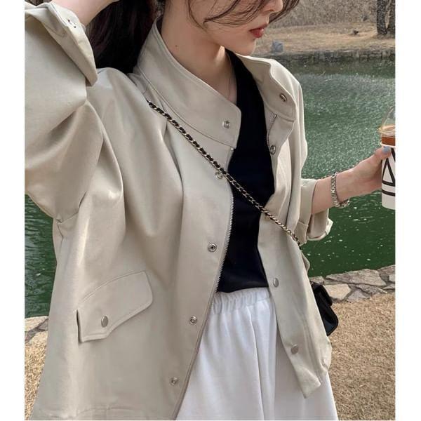 Stand Collar Plain Button Cropped Jacket Product Image