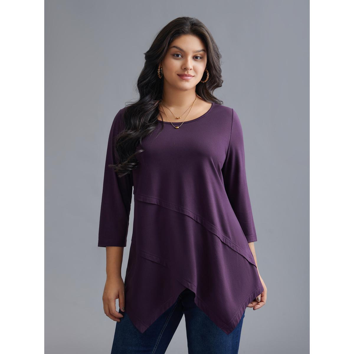 Plus Size Asymmetrical Hem Overlap Long T-shirt Eggplant Women Leisure Tucked seam Round Neck Loose Casual T-shirts BloomChic 14-16/1X Product Image