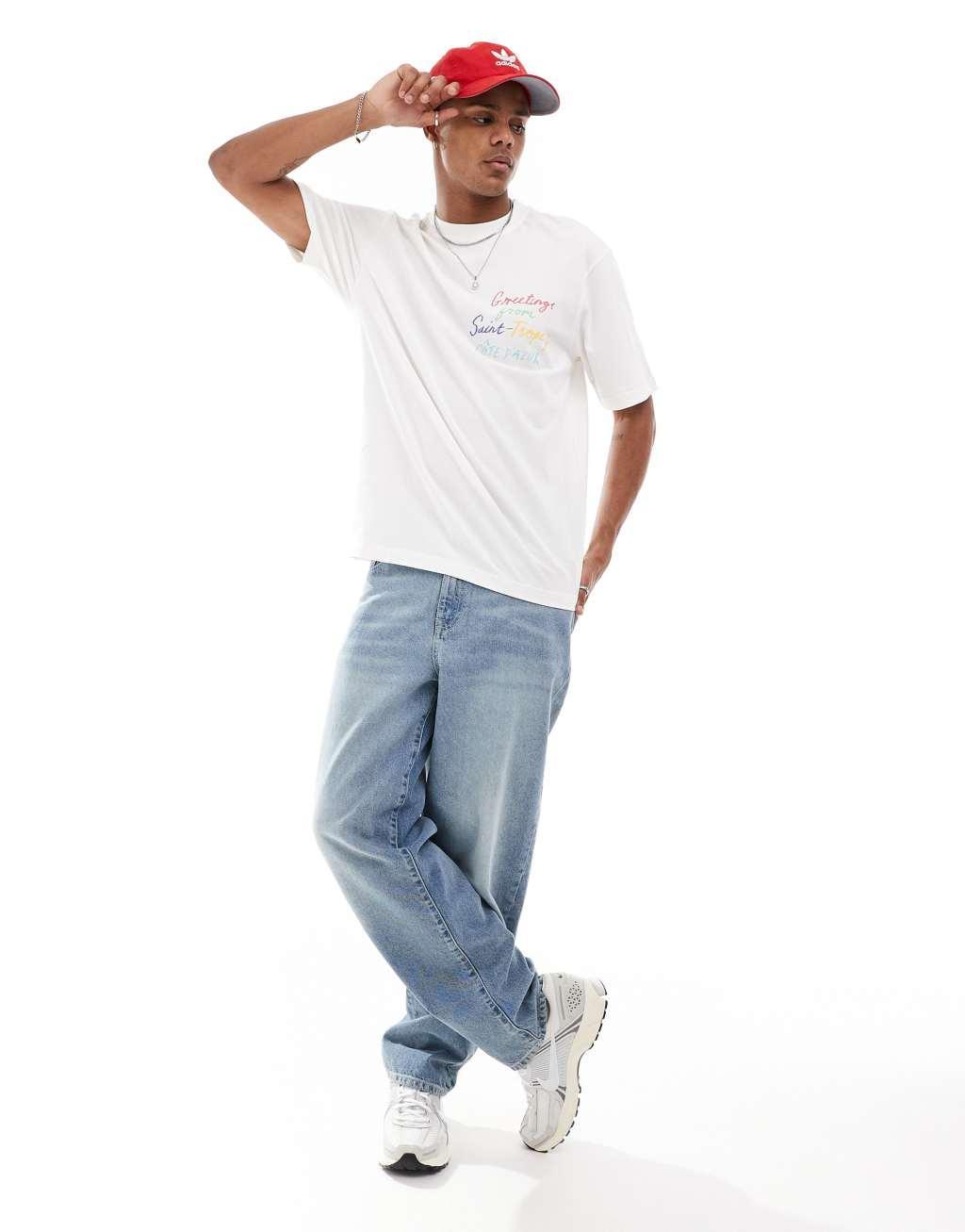 Only & Sons relaxed fit T-shirt with Saint Tropez pocket print in off white Product Image