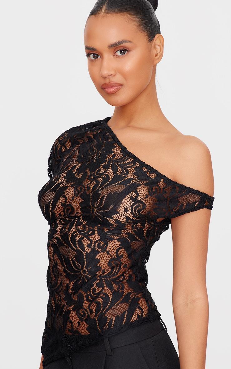 Black Lace Detail Asymmetric Longline Top Product Image