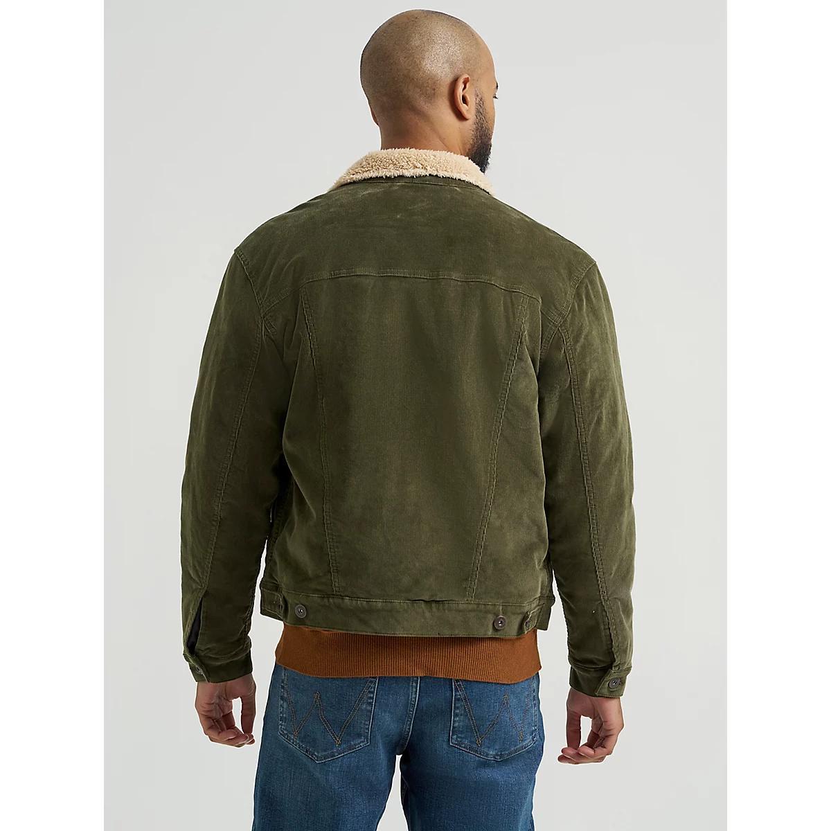 Men's Wrangler® Sherpa Lined Corduroy Trucker Jacket in Olive Night Product Image