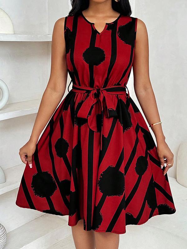 A-Line Loose Contrast Color Tied Waist Round-Neck Mini Dresses Product Image