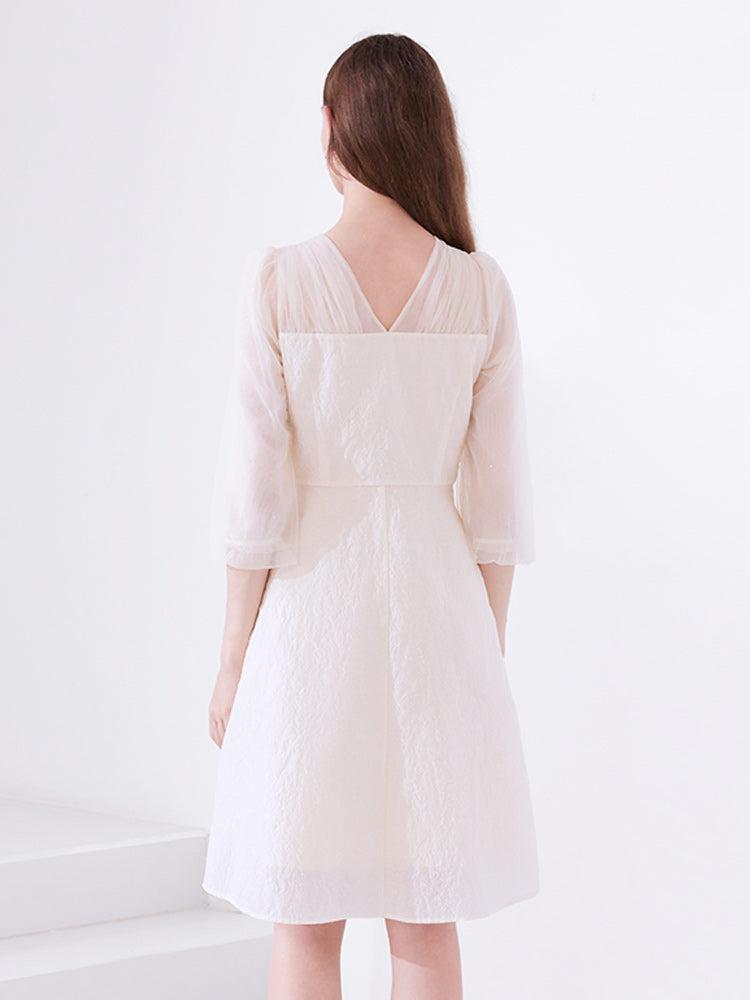 White Mesh Half-Sleeve V-Neck Jacquard Midi Dress Product Image