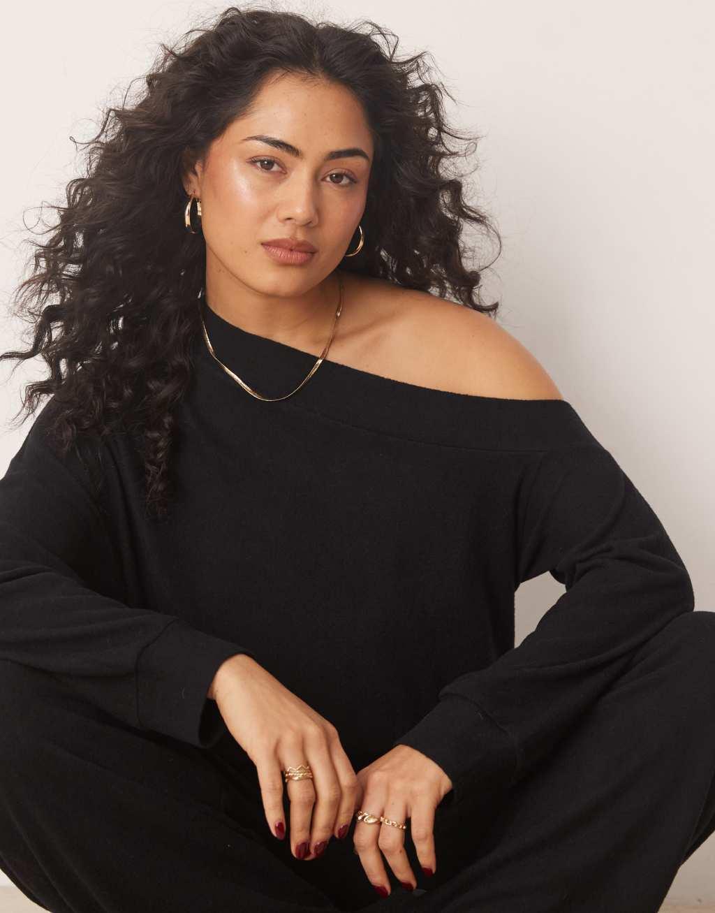 ASOS DESIGN off shoulder jumpsuit super soft in black Product Image