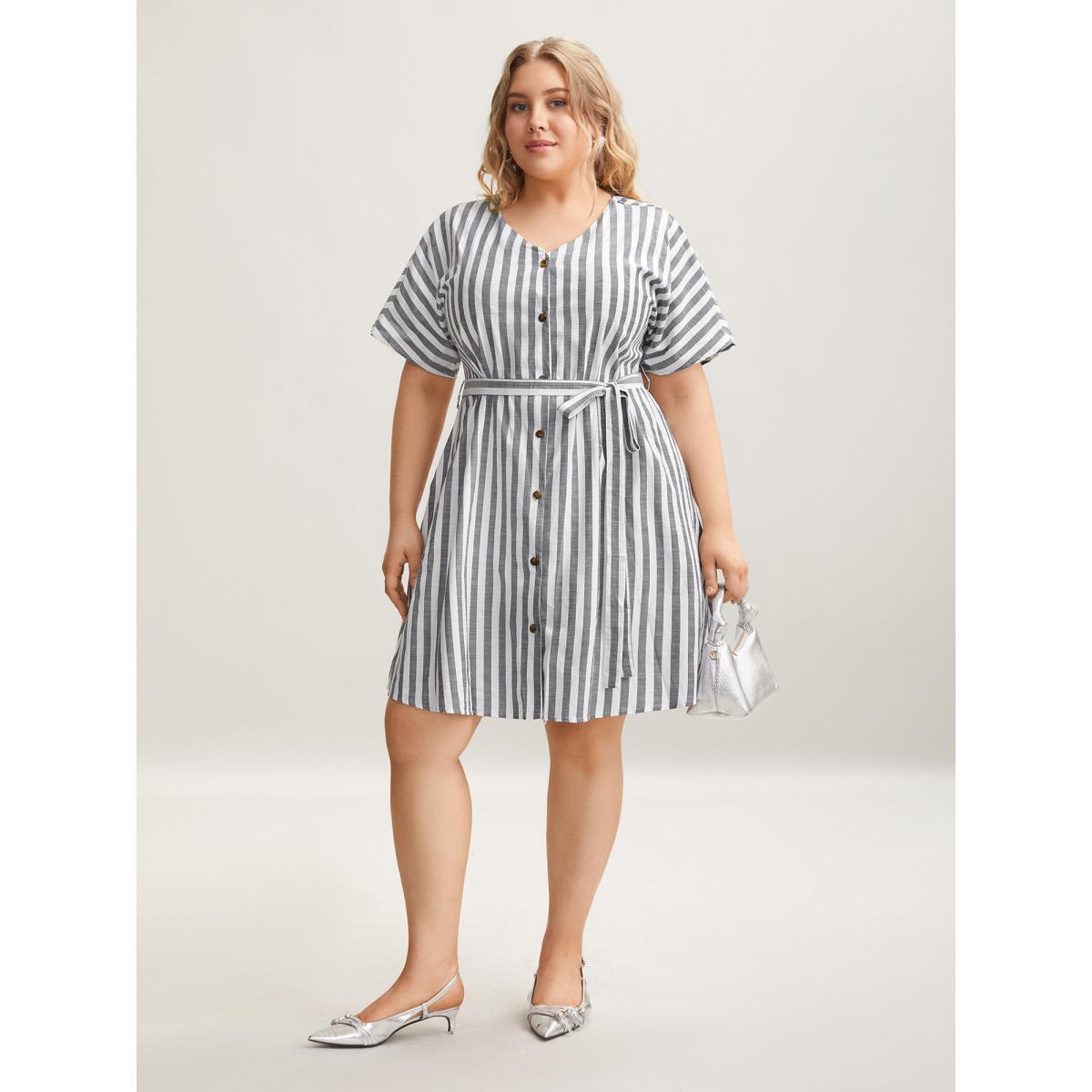 Plus Size Striped V Neck Button Belted Knee Dress Black Women Office Gathered V-neck Short sleeve Curvy BloomChic 14-16/1X Product Image