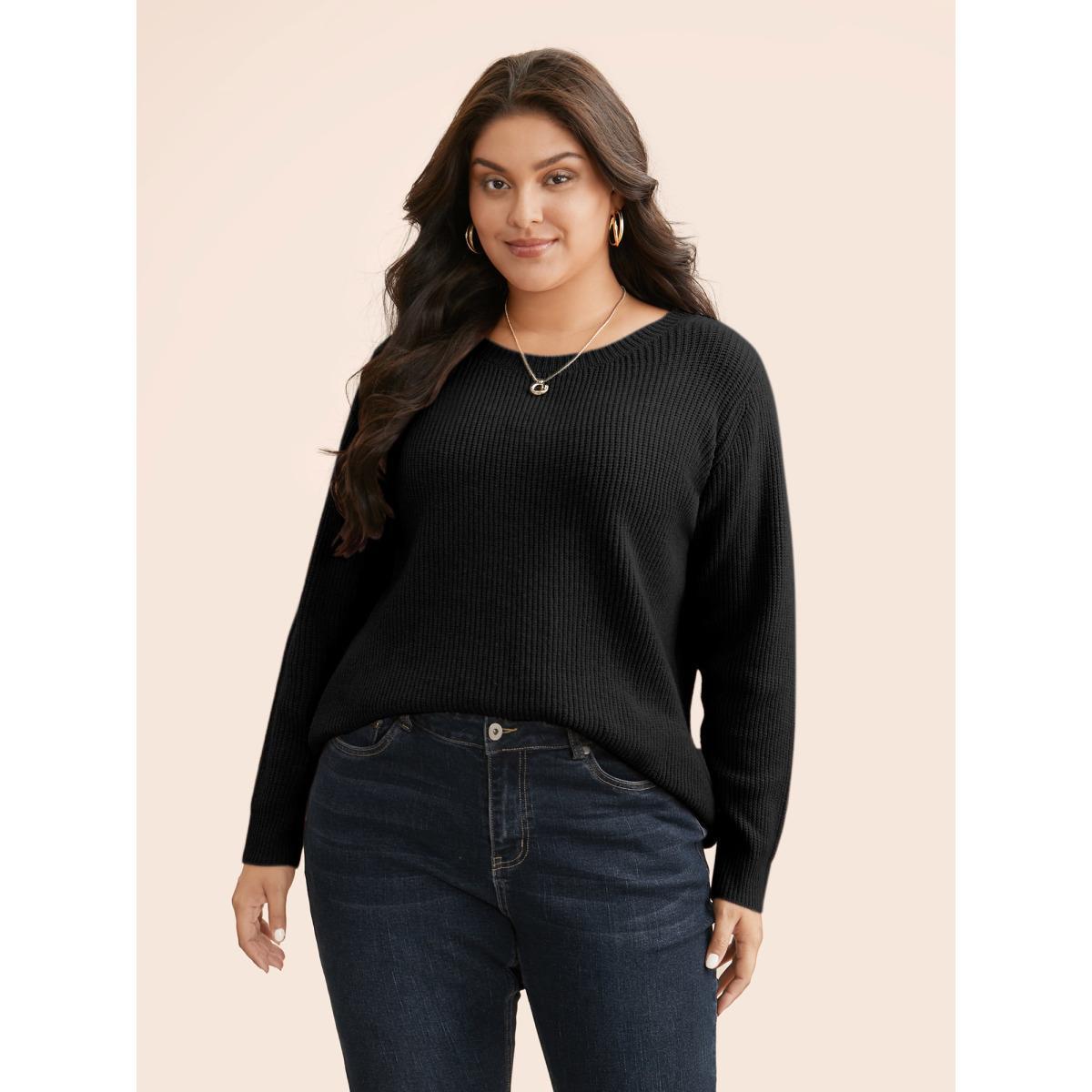 Plus Size Round Neck Texture Back Bowknot Pullover Black Women Casual Loose Long Sleeve Round Neck Everyday Pullovers BloomChic 14-16/1X Product Image