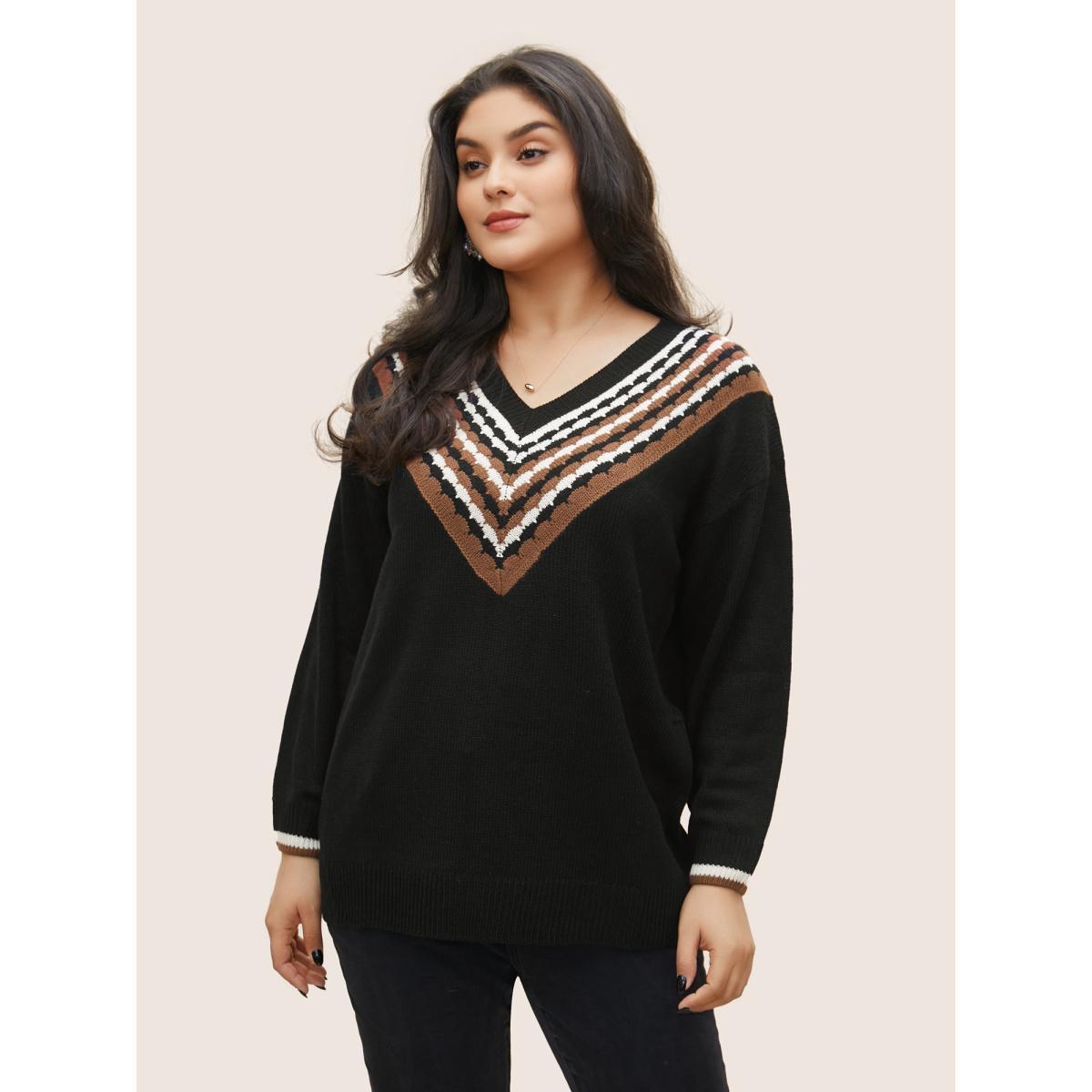Plus Size V Contrast Striped Patchwork Knit Pullover Black Women Casual Loose Long Sleeve V-neck Dailywear Pullovers BloomChic 14-16/1X Product Image