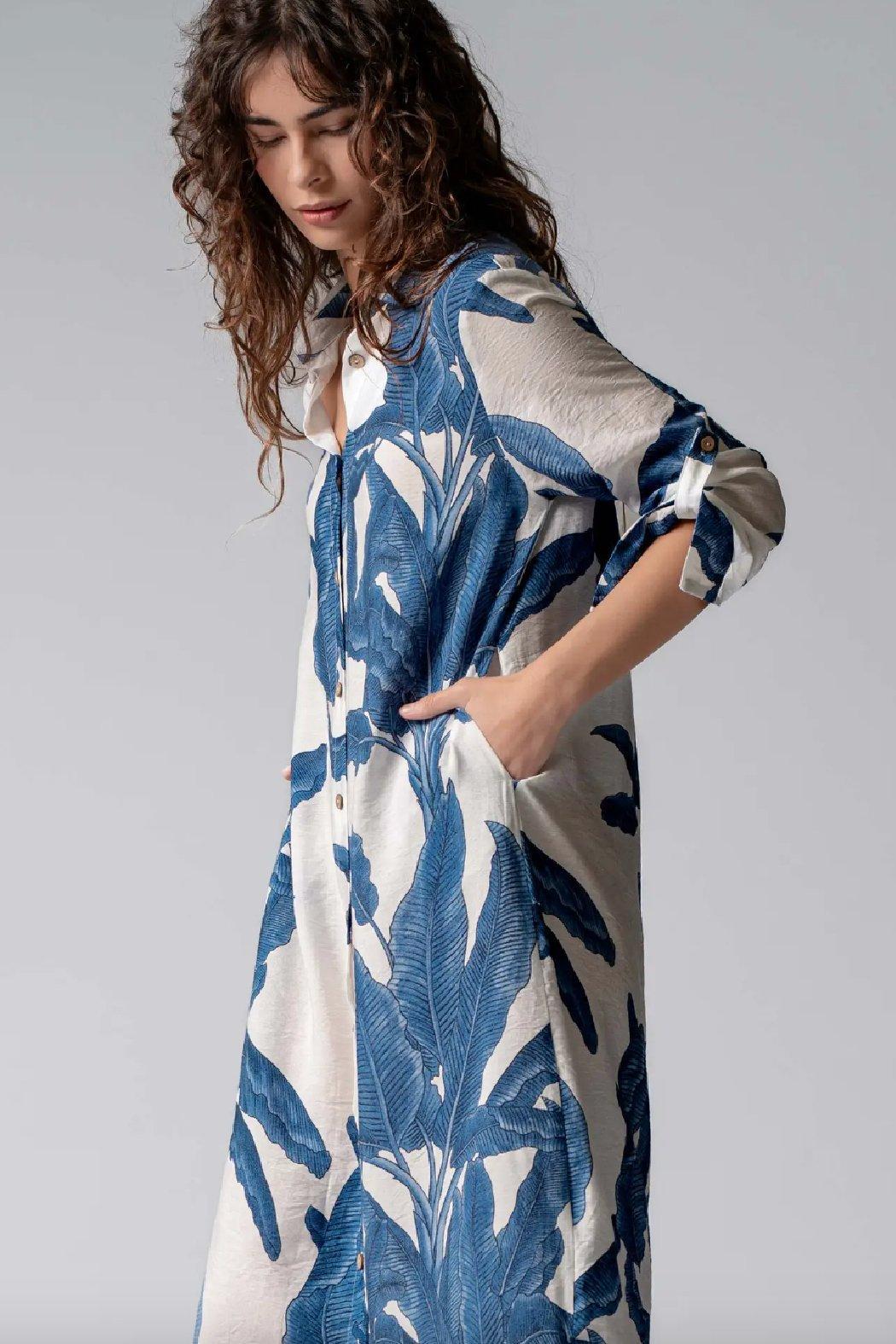 Tropical Paradise Button Down Collared Vacation Dress Product Image
