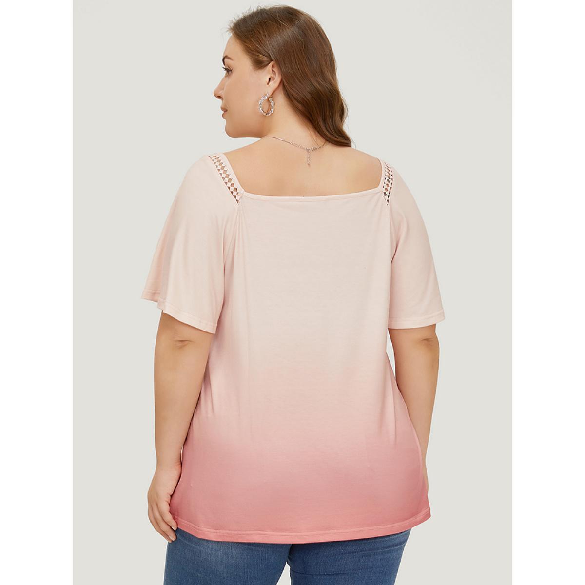 Plus Size Ombre Print Ruffle Sleeve Contrast Lace T-shirt OrangeRed Women Elegant Lace Ombre Square Neck Dailywear T-shirts BloomChic 28/5X Product Image