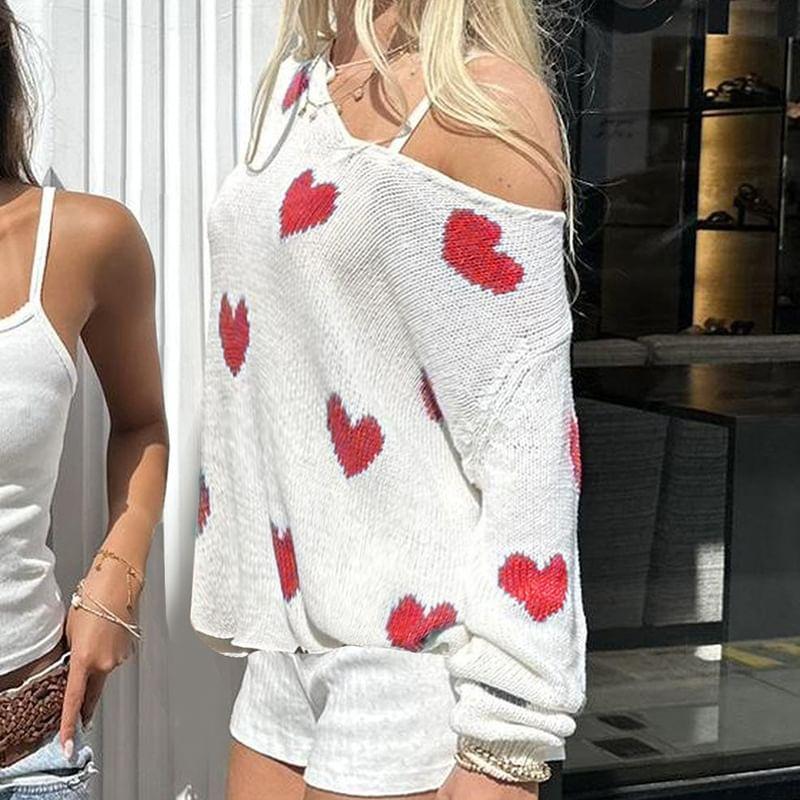 Long Sleeve Cold-Shoulder Heart Print Loose-Fit Sweater Product Image