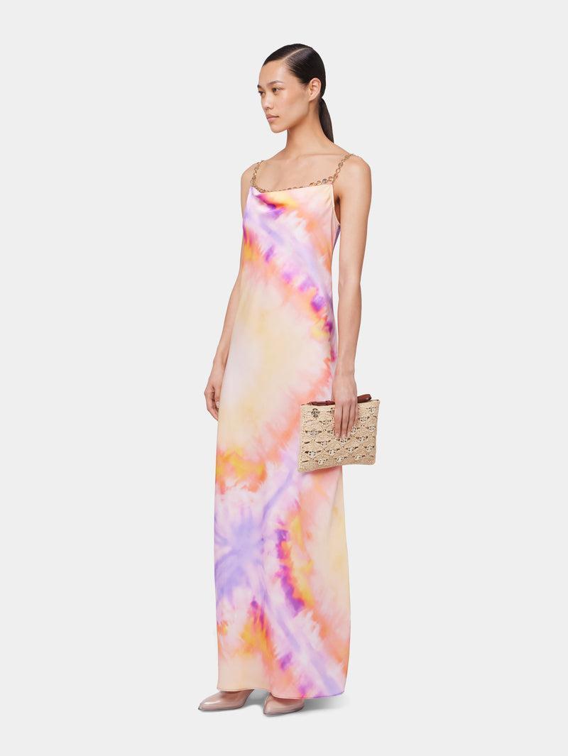 ORANGE TIE-DYE LONG DRESS IN PRINTED SATIN Product Image