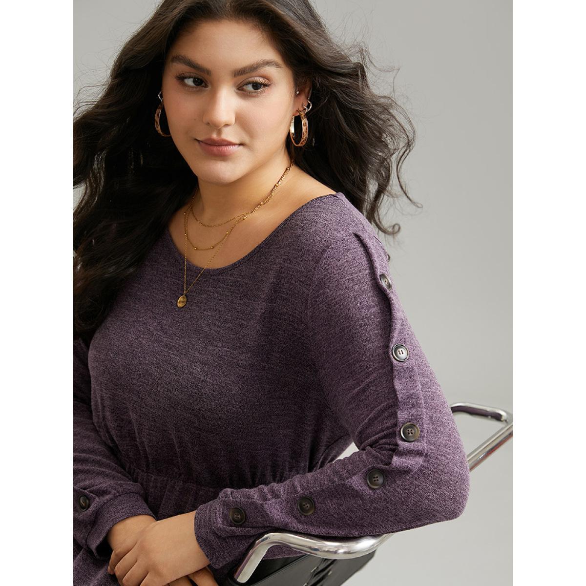 Plus Size Plisse Solid Side Button Detail Dress Purple Women Casual Plain Round Neck Long Sleeve Curvy Midi Dress BloomChic 28/5X Product Image