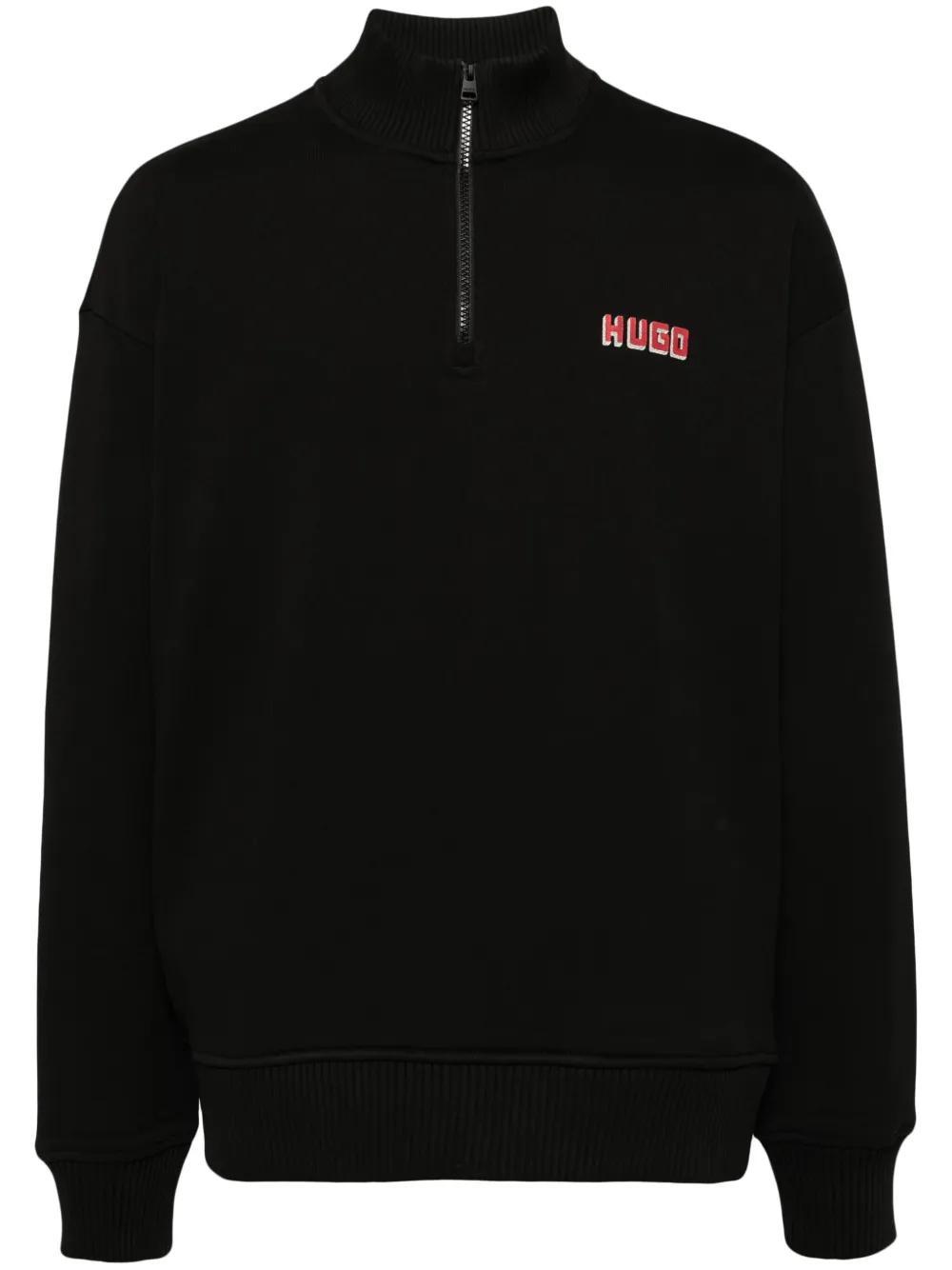 HUGO BOSS Logo-print Zip-neck Sweatshirt In Cotton Terry In Black Product Image