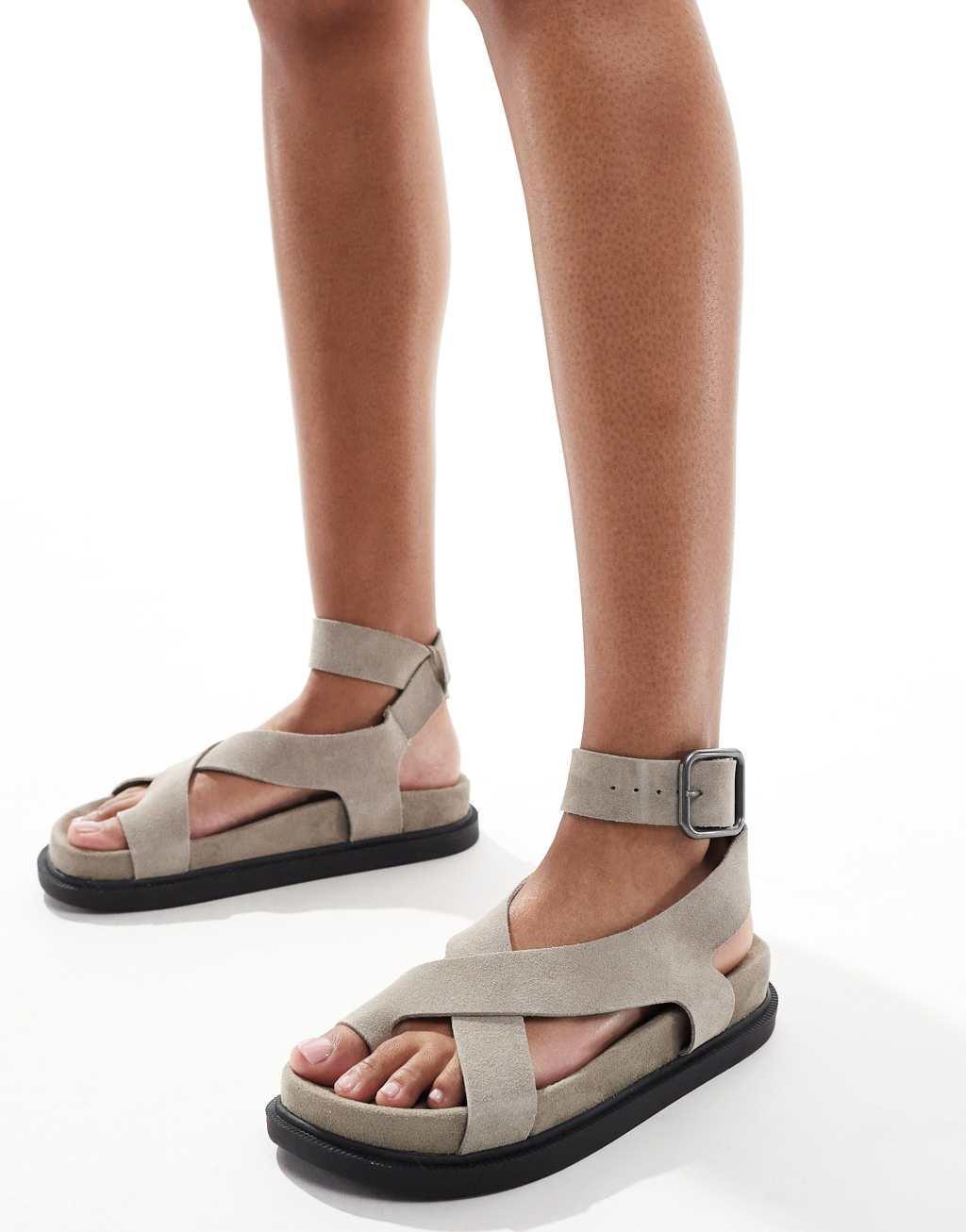 Pull&Bear suede strappy sandals with toe detail in stone Product Image