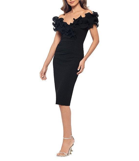 Xscape Scuba Crepe V-Neck Sleeveless Wire Ruffle Trim Ruched Back Dress Product Image