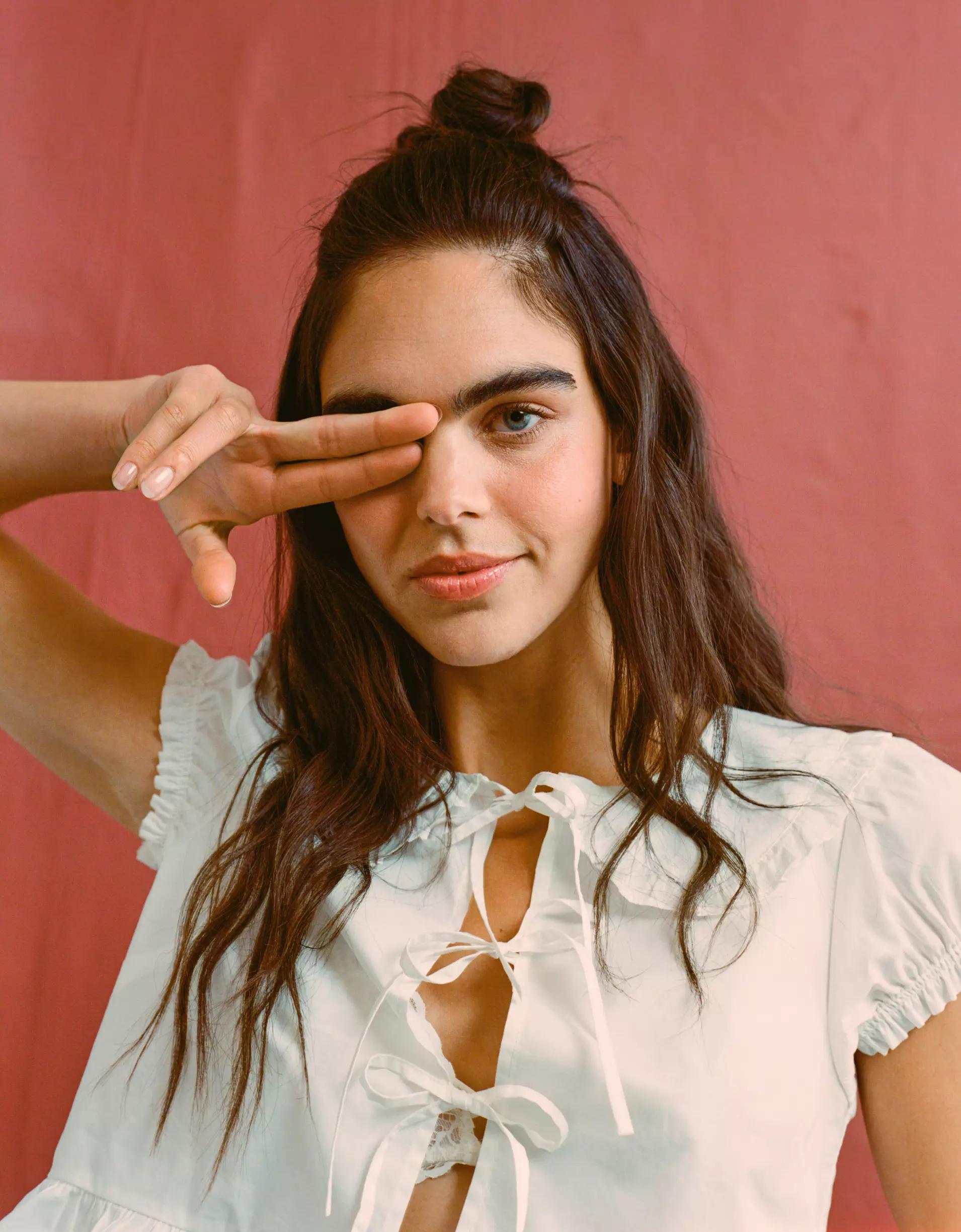 AE Collared Puff Sleeve Tie Front Blouse Product Image