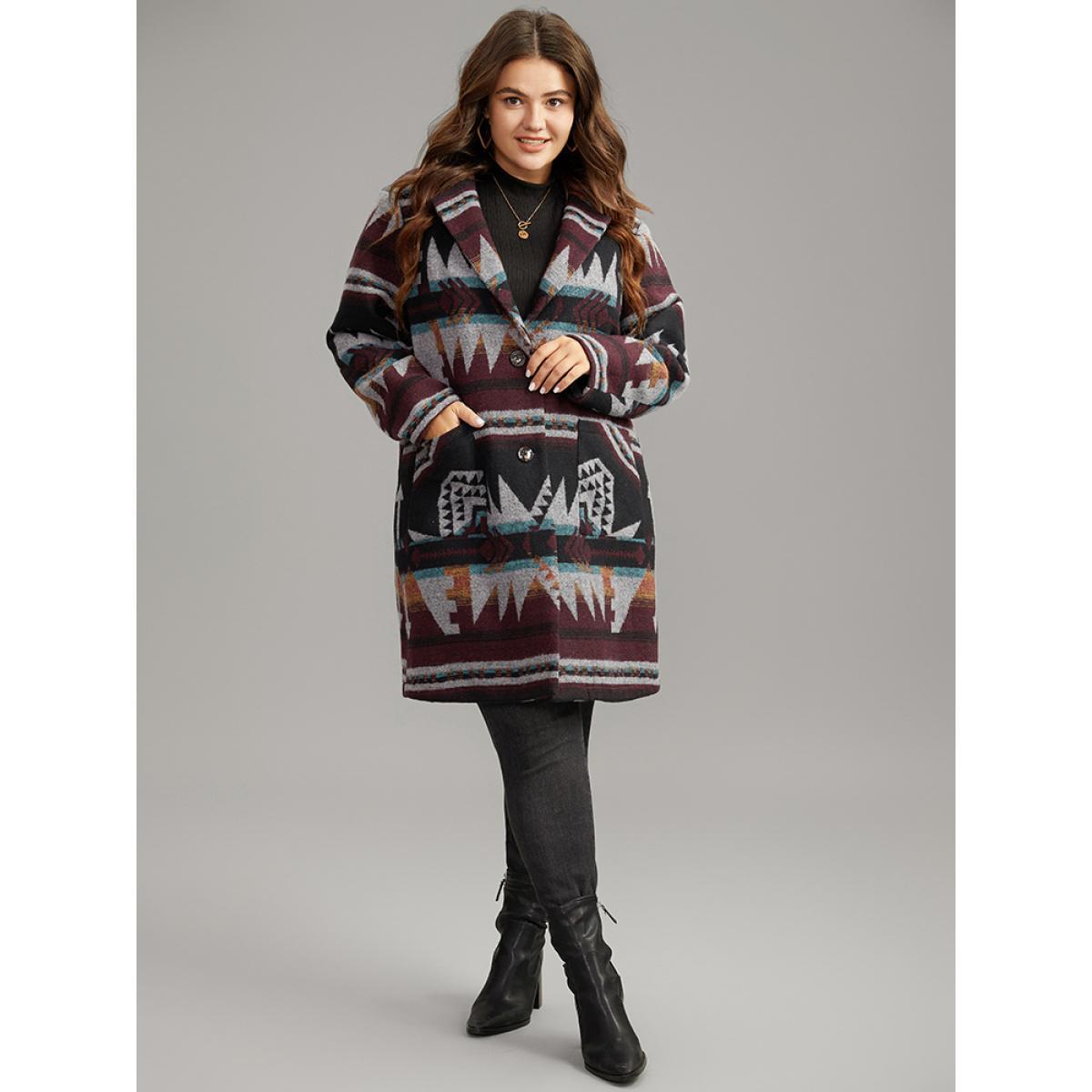 Plus Size Geometric Button Up Lapel Collar Coat Women DarkBrown Casual Printed Ladies Dailywear Winter Coats BloomChic 10/M Product Image