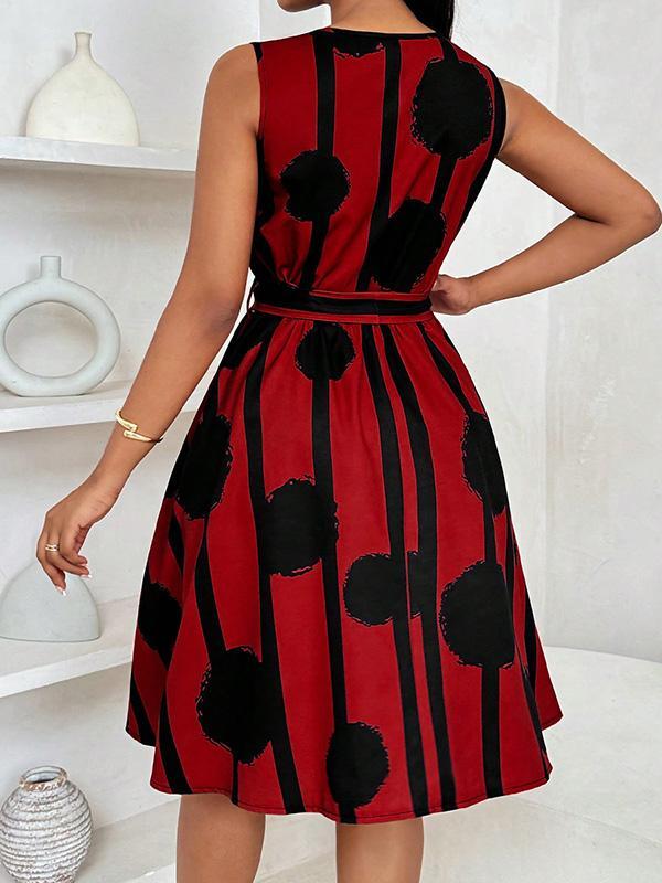 A-Line Loose Contrast Color Tied Waist Round-Neck Mini Dresses Product Image