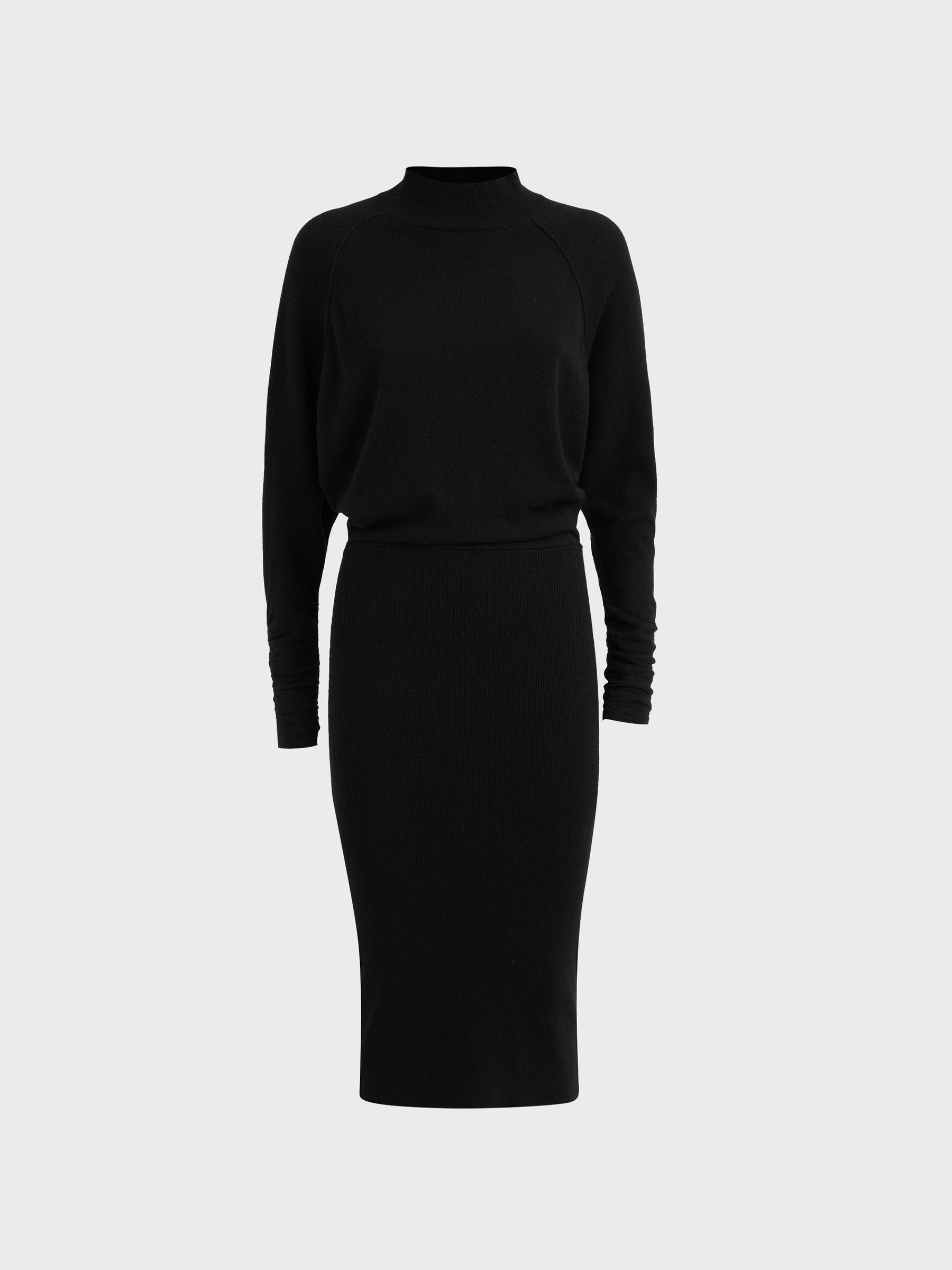 Petite Wool Blend Ruched Sleeve Midi Dress in Black Product Image