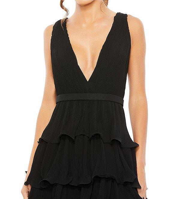Mac Duggal Deep V-Neck Sleeveless Ruffle Tiered Thigh High Slit Gown Product Image